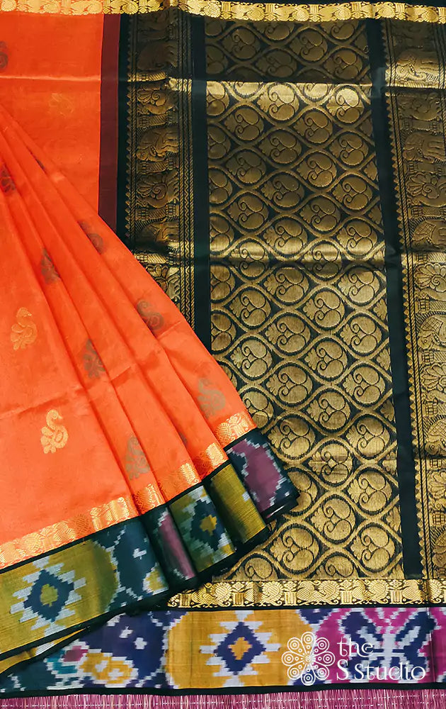 Striped Orange Pink Kanjeevaram Silk Saree with Dark Green Border - Tulsi  Weaves